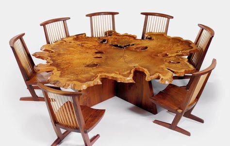 George Nakashima's “Arlyn” table - redwood, black walnut, madrone burl, and east indian laurel; 26” x 89” x 91”. Conoid chairs - walnut and hickory; 35 ½” x 20” x 21”. Nakashima Table, George Nakashima Furniture, Nakashima Furniture, George Nakashima, Live Edge Furniture, Log Furniture, Live Edge Wood, Tree Stump, Into The Woods