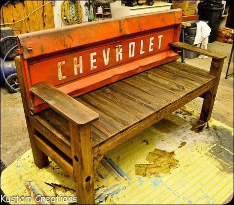 See more Truck Bed Ideas, Chevy Tailgate Bench, Truck Tailgate Bench, Diy Man Cave, Outdoor Man Cave, Tailgate Bench, Used Outdoor Furniture, Adirondack Chair Plans, Car Part Furniture