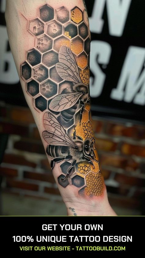 3d Honeycomb Tattoo, Honey Bee Tattoo Ideas, Comb Tattoo, Bee Tattoo Design, Bee Tattoo Meaning, Lace Sleeve Tattoos, Queen Bee Tattoo, Bee Tattoos, Honey Bee Tattoo