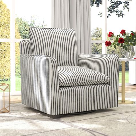 Ivy Bronx Kandyn 29.7" W Modern Soft Stripe Upholstered Swivel Barrel Chair with Removable Cushion | Wayfair Swivel Barrel Chair, Coastal Interiors, Living Room Accents, Barrel Chair, Mudroom Furniture, Toss Pillows, Game Room Furniture, 6 D, Cozy Living