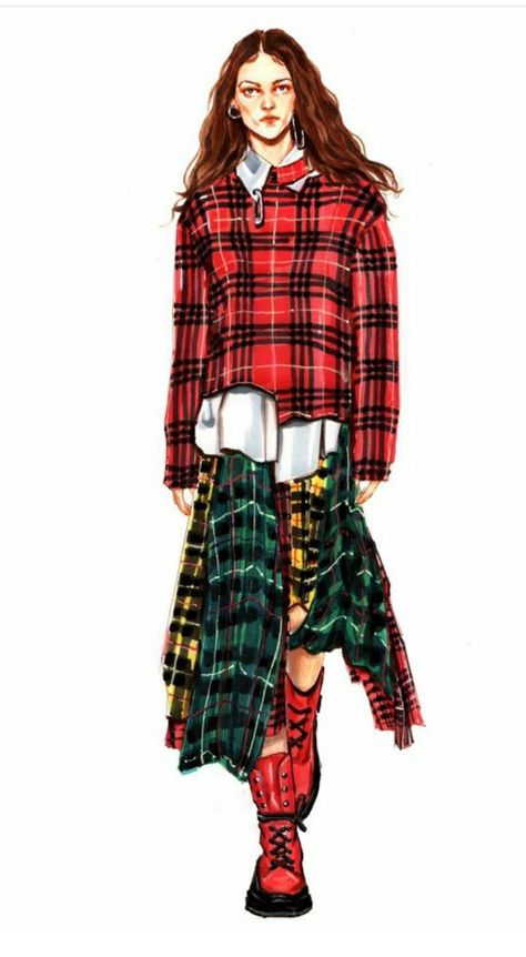 Tartan Fashion Illustration, Punk Fashion Sketches, Plaid Fashion Illustration, How To Draw Plaid, Plaid Drawing, Fashion Illustration Template, Tartan Fashion, Alien Costume, Mens Fashion Illustration