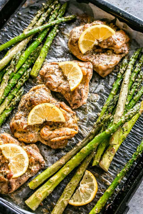 Lemon Garlic Butter Chicken Thighs, Potato And Asparagus Recipe, Crispy Asparagus, Garlic Butter Chicken Thighs, Baked Lemon Garlic Chicken, Lemon Garlic Butter Chicken, Lemon Garlic Chicken Thighs, Easy Sheet Pan Dinner, Chicken Thighs Dinner