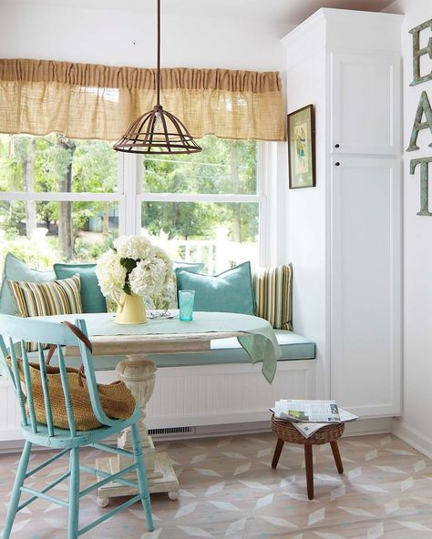 Small Kitchen Banquette, Kitchen Window Seat Ideas, Small Banquette, Kitchen Window Seat, Farmhouse Fabrics, Farmhouse Design Plans, Colorful Kitchens, Window Seat Kitchen, Cottage Style Interiors