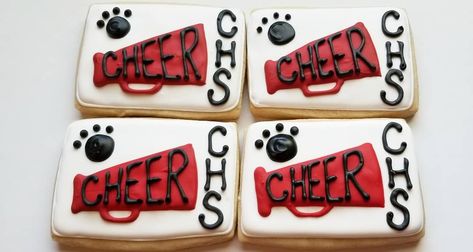 Cheer Dessert Ideas, Cheer Megaphone Cookies Decorated, Cheerleader Cookies Decorated, Cheer Cookies Decorated, Cheerleader Cookies, Cheer Sugar Cookies, Cheer Decorated Cookies, Cheer Bow Cookies Decorated, Cheer Cookies