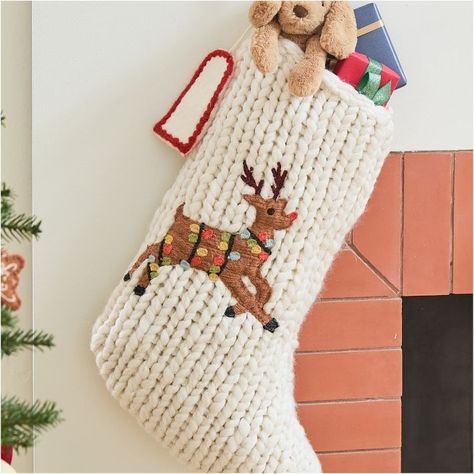 Chunky Knit Sweater Stocking - Reindeer | West Elm Stocking Pattern Sewing, Chunky Knit Christmas Stocking, Chunky Knit Christmas, Knit Christmas Stocking, Crochet Christmas Stocking, Knit Christmas, Stocking Pattern, Chunky Knit Sweater, Stocking Holders