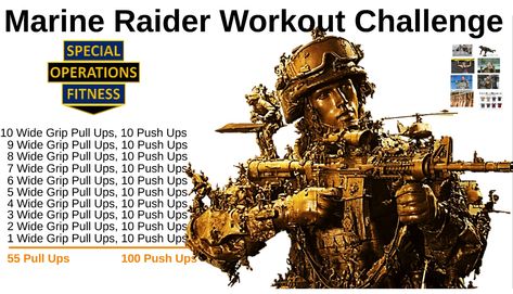 The Marine Raider Workout Challenge is named in Honor of the Operators of the Marine Special Operations Command (MSOC). We challenge you to try it.... Marine Corps Workout, Marine Workout, Special Forces Workout, Pull Workout, Special Forces Training, Marine Raiders, Tactical Fitness, Military Workout, Shredded Body