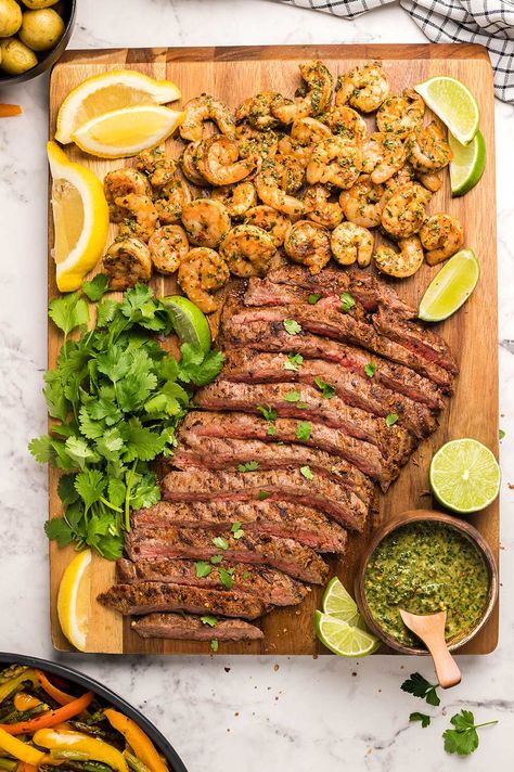 Surf N Turf Recipes, Chimichurri Steak, Meal For Two, Steak And Shrimp, Surf And Turf, Easy Seafood, Perfect Date Night, The Perfect Date, Chimichurri Sauce