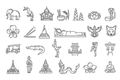 Thailand travel landmarks and thai national symbols. Vector icons of Bangkok temples and palaces. Thailand tourism sightseeing Buddha and tuk tuk, muay thai boxing, dragon and elephant Thailand Symbols Tattoo, Thailand Tattoo Ideas Thai Art, Tattoo Ideas Thailand, Tuk Tuk Tattoo, Thailand Symbols, Thailand Tattoo Ideas, Angkor Wat Tattoo, Thai Symbols, Bangkok Temples