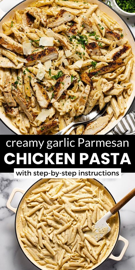 This quick and easy chicken pasta recipe takes 30 minutes or less from start to finish. It's loaded with a creamy homemade alfredo sauce, sliced chicken breast, and al dente noodles for a simple weeknight comfort food your family will love! Chicken Recipes With Noodles, Saturday Meals, Pasta With Roasted Tomatoes, Chicken With Noodles, Garlic Parmesan Chicken Pasta, Parmesan Chicken Pasta, Food Tutorials, Chicken Parmesan Pasta, Homemade Alfredo