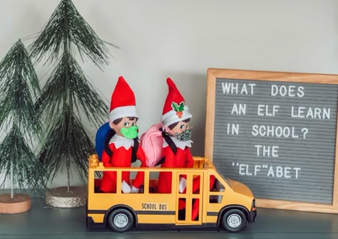 Elf On Shelf School Ideas, Elf On The Shelf School Bus Ideas, Elf Entrance Ideas, Toy School Bus, Pancake Ideas, Elf Ideas Easy, Awesome Elf On The Shelf Ideas, Elf Activities, Xmas Elf