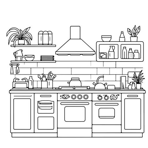 Vector sketch hand drawn single line art... | Premium Vector #Freepik #vector #household #household-appliances #kitchen-stove #kitchen-cupboard Kitchen Colouring Pages, Cartoon Kitchen Drawing, Drawing Of A Kitchen, Kitchen Line Drawing, Hand Drawn Coloring Pages, Kitchen Background Drawing, Kitchen Drawing Easy, Cute Kitchen Drawing, Kitchen Drawing Ideas