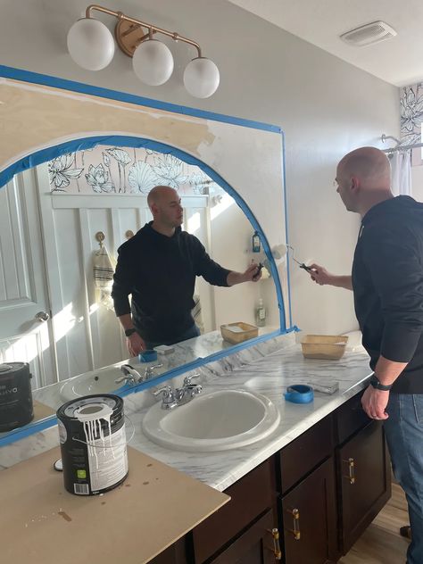 Bathroom Update (DIY Arched Mirror Hack and Lots More!) Diy Arched Mirror, Round Mirror Decor Ideas, Update Bathroom Mirror, Bathroom Update Diy, Arch Mirror Bathroom, Bathroom Mirror Makeover, Mirror Hack, Bathroom Mirrors Diy, Large Bathroom Mirrors