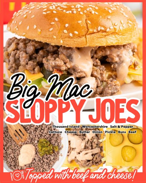 Big Mac Sloppy Joe With Thousand Island, Hamburger Bun Sandwich Ideas, Big Mac Sloppy Joe, Soft Hamburger Buns, Food Ground Beef, Cheeseburger Sloppy Joes, Big Mac Sloppy Joes, Big Mac Sloppy, Hamburger Meals