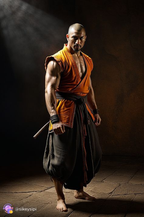 This image, generated by the Stable Diffusion program, represents a warrior monk who finds serenity even in the most tense combat situations. He is dressed in orange clothes and black decorations, which highlights his uniqueness. #ZenWarrior #BattleMonk #Serenity Fantasy Monk Art, Monk Fashion, Warrior Monk, Orange Clothes, Bald Men Style, Shaolin Monks, Osho Quotes, Chinese Traditional Clothing, Orange Outfit