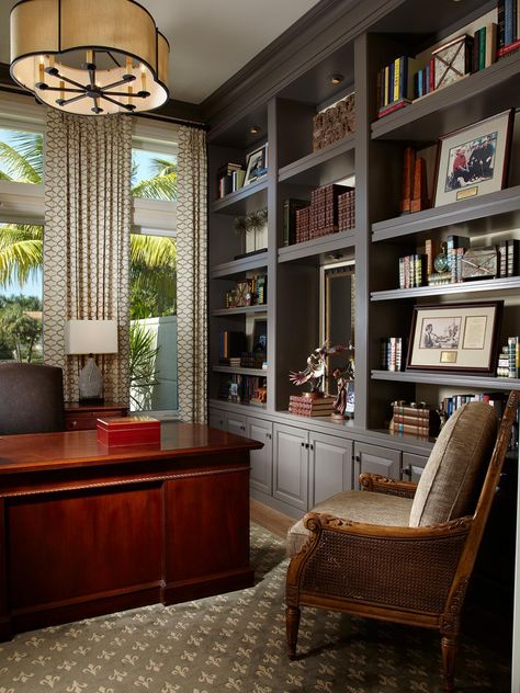 Modern Transitional Office, Bookshelves Office, Traditional Office Decor, Female Office Decor, Transitional Office, Male Office Decor, Office Bookshelf, Law Office Decor, Bookshelf Ideas