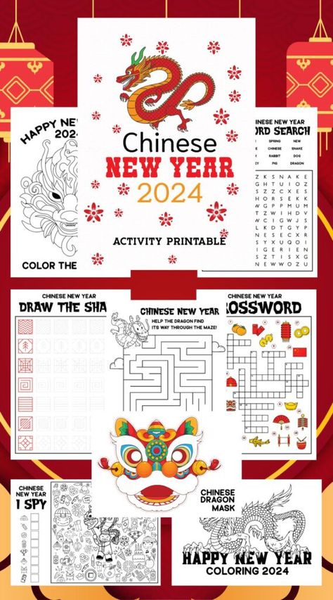 This free Chinese New Year Activity Bundle file includes 8 pages: a Chinese New Year I Spy, Word Search, Picture Crossword, Maze, Shape Tracing, Coloring Pages, and a Dragon mask cut-out. #ChineseNewYear #NewYear #YearoftheDragon #teachers #homeschool Chinese New Year Activities 2024, Chinese New Year Gross Motor Activities, Chinese New Year Word Search, Chinese New Year Crafts For Kids Free Printable, Chinese New Year Activities For Kids, Chinese New Year Coloring Pages, Chinese New Year Activity, Chinese Classroom, Tracing Coloring Pages