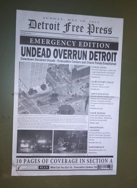 . Zombie Apocalypse Newspaper, Newspaper Display, Detroit Downtown, Walking Dead Party, Zombie Party, Newspaper Article, Junk Journal Ideas, Save The Date Photos, Red Zone