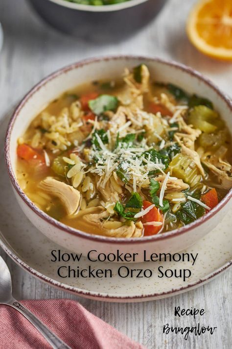 Slow Cooker Lemony Chicken Orzo Soup Recipe Slow Cooker Lemon Chicken, Orzo Soup Recipes, Lemony Chicken, Themed Recipes, Rosemary And Thyme, Orzo Soup, Chicken Orzo Soup, Chicken Orzo, Lemon Chicken Orzo Soup