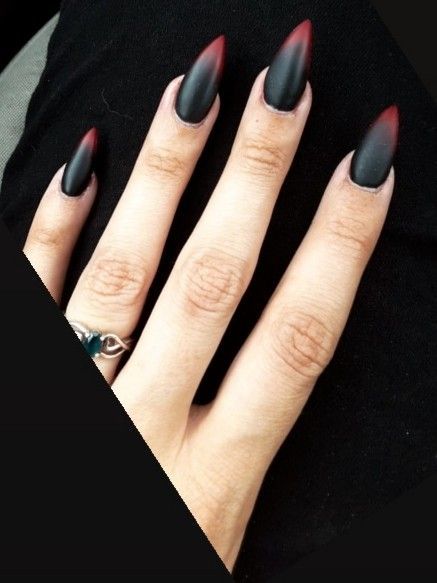 Red and black ombre stiletto nails Purple Ombre Matte Nails, Black Red Goth Nails, Witchy Dip Powder Nails, Black Stiletto Nails Halloween, Black Gothic Nail Designs, Black And Red Ombre Nails Matte, Halloween Black Nails Short, Black Red Ombre Nails Almond, Prudence Blackwood Nails