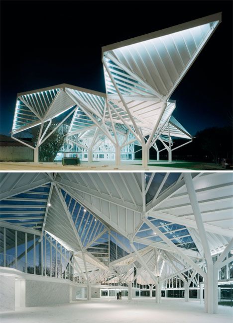 Origami-Inspired Architecture: 14 Geometric Structures Triangle Pavilion Architecture, Origami In Architecture, Triangulation Architecture, Triangular Pavilion, Triangle Roof Design, Triangle Roof, Space Frame Roof, Triangle Pavilion, Triangle Structure