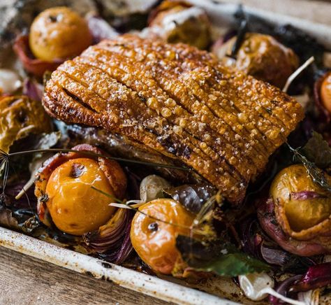 Roast Pork Belly with Baked Apples, by Gill Meller – Pipers Farm Recipes For Sunday Dinner, Roast Pork Recipes, Silverside Recipe, Gill Meller, Perfect Roast Pork, Roast Pork Dinner, Roast Pork Shoulder, Pork Leg Roast, Pork Belly Roast