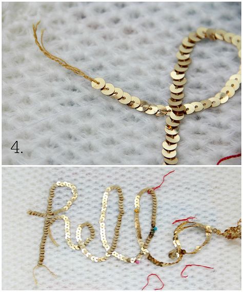 how-to-make-a-diy-sequin-top-tutorial Sequin Letters On Shirt Diy, Add Sequins To Shirt Diy, Adding Sequins To A Dress Diy, How To Embroider Sequins, How To Sequin Embroidery, Sewing Sequins On Fabric, Sequins Embroidery Tutorial, Diy Sequin Top, School Spirit Wear Designs