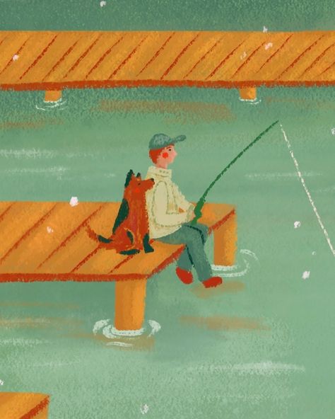 End of Summer - illustration. Closeup of a man and dog fishing on a lake dock. Lake Illustration, Dock Illustration, Fishing Illustration, Man In Boat Illustration, Dog Swimming Illustration, Sea Swimming Illustration, Over Fishing Illustration, Cat Fishing Illustration, Fishing Dock