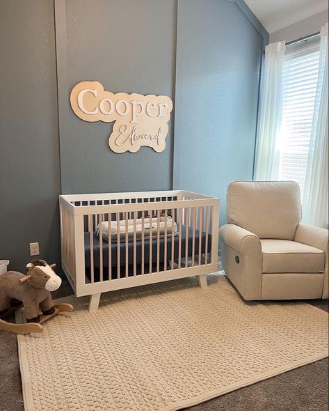 Boho Blue Nursery, Beige And Blue Nursery, Dusty Blue Nursery Boy, Slate Blue Nursery, Dusty Blue Nursery, Pottery Barn Baby Nursery, Blue Boy Nursery, Nursery Pottery, Blue Gray Nursery