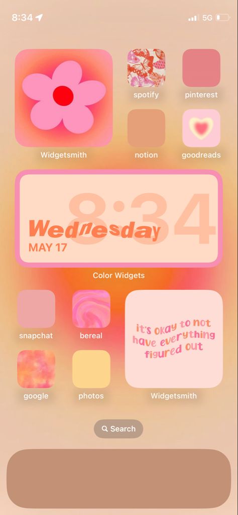 Pink And Orange Iphone Layout, Iphone 16 Home Screen Ideas, Aesthetic Ipad Homescreen Layout Pink, Orange Home Screen, Orange Layout, Widgets Idea, Peach App, Ipad Homescreen, App Home Screen