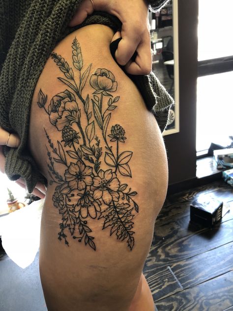 Boho Hip Tattoos Women, Side Thigh Cover Up Tattoos Women, Wild Flower Tattoo Thigh, Hip Tattoo Inspiration, If You Go Down Im Going Down Too Tattoo, Wildflower Hip Tattoos Women, Hip Tattoo Wildflower, Country Hip Tattoos Women, Large Floral Hip Tattoo