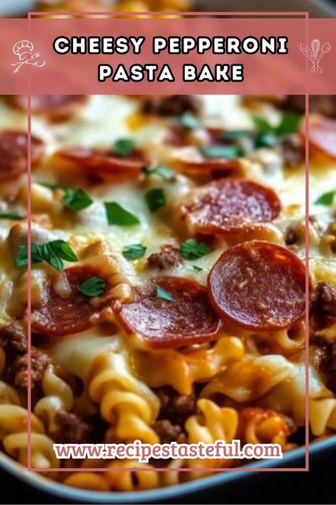 This Cheesy Pepperoni Pasta Bake combines rotini pasta, savory ground beef, pepperoni, and two types of cheese, all smothered in marinara sauce and baked to perfection. It’s a crowd-pleasing dish that’s perfect for family dinners or casual gatherings! Pepperoni Pasta Bake, Pepperoni Pasta, Beef Pepperoni, Pizza Pasta Bake, Cheesy Pasta Bake, Baked Pasta Dishes, Cheese All, Baked Penne, Rotini Pasta