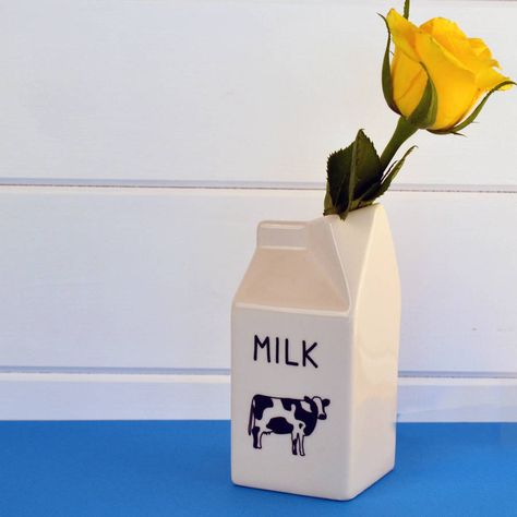 Ceramic Milk Carton Jug Milk Carton Pottery, Milk Carton Vase, Ceramic Milk Carton, Pots Ideas, Cookies Party, Milk Box, Milk Jugs, Sugar Bowls, Funky Home Decor