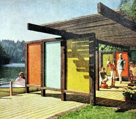 See 41 vintage backyard decks, plus find out how wood decking became a popular part of American homes 32 Mcm Deck Ideas, Deck Mid Century Modern, Mid Century Covered Patio, 1960s Backyard, Midcentury Modern Covered Patio, Mid Century Deck, Deck House Mid Century, Midcentury Patio, Vintage Patio