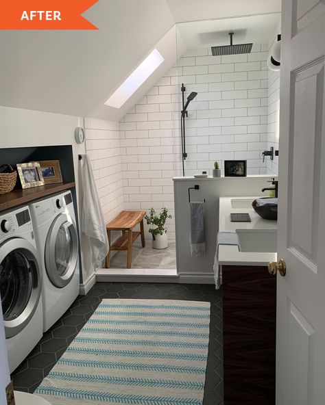 Post Image Attic Bathrooms, 90s Bathroom, Hidden Laundry, Gray And White Bathroom, Laundry Space, Attic Bathroom, Home Remodeling Diy, Custom Vanity, Tiny Bathrooms