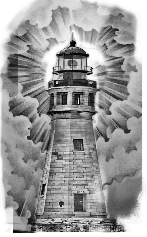 Light House Drawing Tattoo, Realistic Lighthouse Tattoo, Lighthouse Tattoo Design, Traditional Lighthouse Tattoo, Lighthouse Drawing, Navi A Vela, Realistic Tattoo Sleeve, Lighthouse Tattoo, Lion Tattoo Design