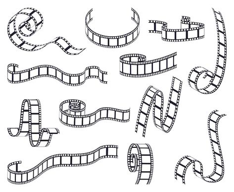 Collection of curved film strip | Premium Vector #Freepik #vector #cinema #cinema-movies #cinema-film #film Film Strip Drawing, Film Reel Drawing, Film Reel Illustration, Film Reel Aesthetic, Film Strip Tattoo, Film Reel Tattoo, Cinema Tattoo Ideas, Camera Film Tattoo, Film Logo Design