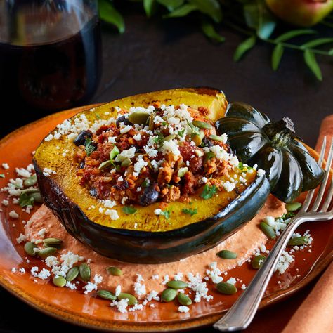 Red Pepper Crema, Chipotle Crema, How To Cook Chorizo, Stuffed Acorn Squash, Toasted Pumpkin Seeds, Acorn Squash, Roasted Peppers, Cilantro Lime, Short Ribs