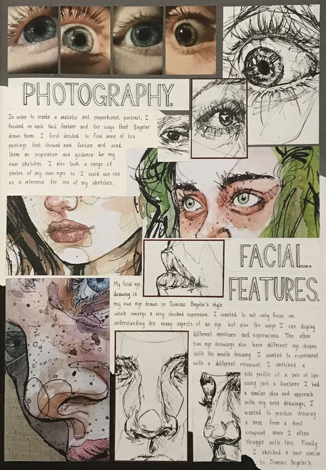 Facial Features Sketchbook Page, A Level Art Inspiration, Visual Art Diary Aesthetic, Gcse Art Book Layout Ideas, Gcse Art Photography, Art Book Ideas Sketchbooks Inspiration, Dominic Beyeler Artist Research, Art Portfolio Aesthetic, Art Cba Ideas