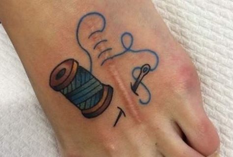 Independent Tattoo, Sewing Tattoos, Tattoo Over Scar, Scar Cover Up, Scar Tattoo, Omerta Tattoo, Gorgeous Tattoos, 3d Tattoos, Up Tattoos