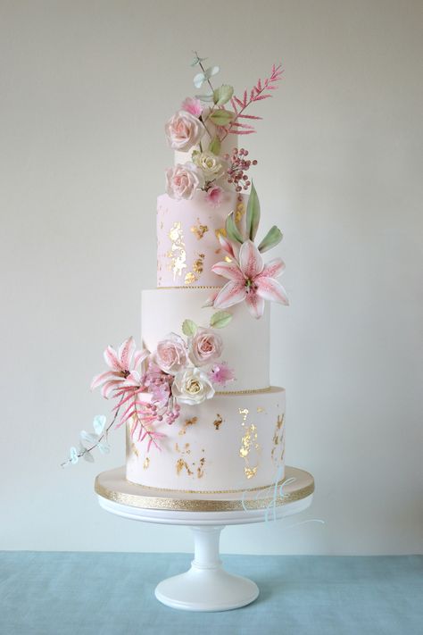 K&D-(1) | Pale blush, distressed 24 carat gold leaf and a pr… | Flickr Wedding Cake With Flowers, Cake With Flowers, Pretty Wedding Cakes, Dream Wedding Cake, Luxury Wedding Cake, Floral Wedding Cakes, Romantic Wedding Cake, Cake Flowers, Gold Wedding Cake