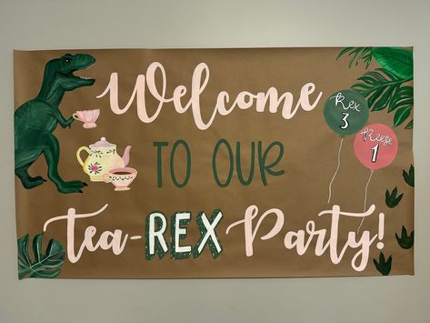 Dinosaur T. rex tea party Birthday theme Custom Handpainted Sign Standard Size Options : 3 feet tall by 4-8 feet long (depending on option chosen).  By request- 2 feet tall by 4-8 feet long (depending on option chosen These are painted on high quality banner paper.  Please include the following in the personalization details: Wording Theme of the event, specific banner requests color choices for paint font type (script, handwritten, etc.) Event Date I'll email a digital mock up of your banner for final proof before painting. Please view current turn around times before placing your order. All rush orders must be approved and require the "rush my order" add on. https://jonespartydesigns.etsy.com/listing/1335499853/rush-my-order Frequently Asked Questions about Our Custom Banners Q: How are T Rex Tea Party, Three Rex Birthday Banner, Tea Rex Party, Dino Tea Party, Tea Rex Birthday Party, Dinosaur Tea Party, Tea Party Birthday Theme, Painted Banners, Dinosaur Birthday Theme