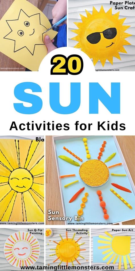 20 Fun and Easy Sun Activities for Toddlers and Preschoolers. STEM, sensory, arts and crafts and fine motor activities that explore the sun. Perfect for summer or outer space themed lesson plans. #space #summer #toddler #preschool #kindergarten Sun Activities For Toddlers, Preschool Sun Crafts, Sensory Arts And Crafts, Girls Camp Activities, Sun Activities, Summer Preschool Themes, Play Ideas For Kids, Sun Activity, Space Activities For Kids