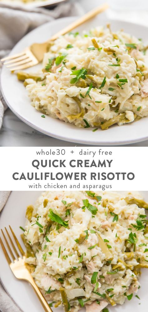 A quick Whole30 cauliflower risotto with chicken and asparagus, inspired by the best ever traditional risotto recipe. Easy and so creamy, this cauliflower risotto is super versatile! It's also paleo, dairy free, and low carb. #lowcarb #whole30 Traditional Risotto, Risotto With Chicken, Cauliflower Chicken, 40 Aprons, Chicken And Asparagus, Creamy Risotto, Cauliflower Risotto, Dairy Free Low Carb, Easy Skillet Meals