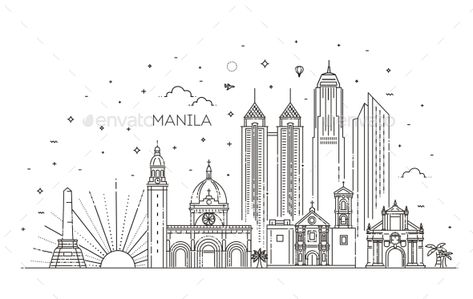 Manila Philippines Vector City Skyline Philippines Drawing, Manila Skyline, Philippines City, Philippine Economy, Philippines Cities, Regions Of The Philippines, Philippines Manila, Graphic Design Portfolio Layout, Illustration Business