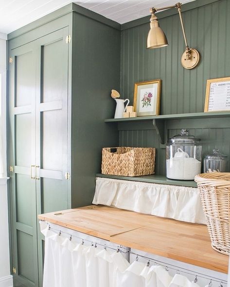 Benjamin Moore Backwoods Paint Color - Interiors By Color Benjamin Moore Backwoods, Green Laundry Room, Laundry Room Update, Beadboard Wallpaper, Green Laundry, Spring House, Timeless Bathroom, Mud Rooms, Favorite Paint Colors