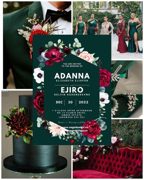 Army green & burgundy wedding, Emerald green wedding, Floral wedding invitation template, wedding colour scheme, green wedding theme, army green wedding ideas, christmas wedding theme, christmas wedding ideas Army Green Wedding, Green Burgundy Wedding, Wedding Color Schemes Green, Green And Burgundy Wedding, Wedding Emerald Green, Emerald Wedding Colors, Emerald Green Wedding Theme, Wine Red Wedding, Burgundy Wedding Theme