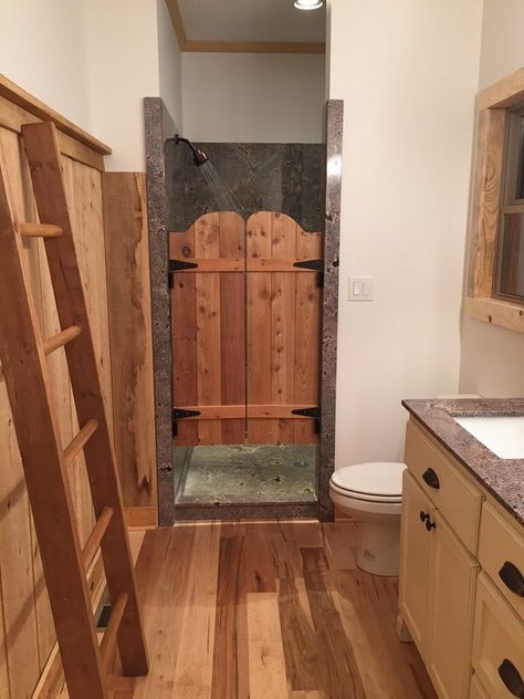 Rustic Shower Door, Wooden Shower Door, Rustic Shower Door Ideas, Garage Shower Ideas, Wood Shower Door Ideas, Rustic Shower Ideas Bathroom Farmhouse, Saloon Style Doors, Wood Shower Door, Saloon Doors Bathroom