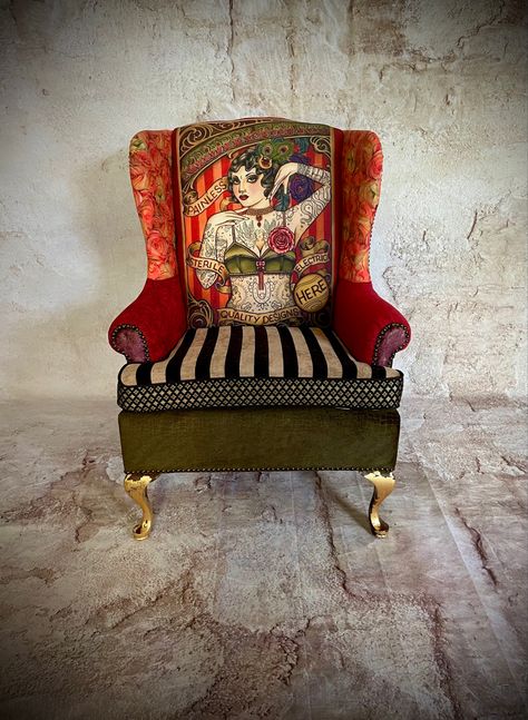 Fun eclectic look for a wongback chair. Unique Upholstered Chairs, Funky Upholstered Chairs, Funky Armchairs, Reupholster Couch Diy, Upholstered Antique Chairs, Eclectic Chair, Armchair Inspiration, Diy Chairs, Tattooed Lady