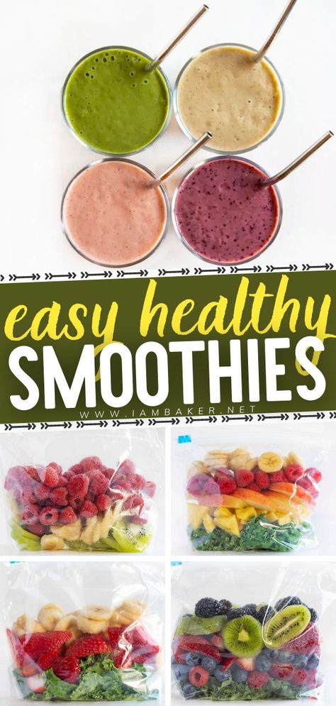 These four Easy Smoothie Recipes are healthy, delicious, and packed with goodness! If you want to begin on your healthy eating habits, these premade smoothie packs are a great start! Made with simple… More Easy Healthy Smoothie Recipes, Lunch Smoothie, Easy Healthy Smoothies, Smoothie Recipes Healthy Breakfast, Smoothie Drink Recipes, Yummy Smoothie Recipes, Fat Burning Smoothies, Healthy Breakfast Smoothies, Easy Smoothie Recipes