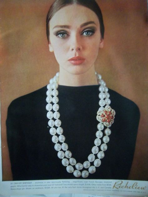 1963 Vintage Richelieu Opera Length French Baroque Pearl Necklace Jewelry Ad | 1960s Women, Jewelry Text, 1960s Jewelry, Pearl Necklace Vintage, Jewelry Ads, Baroque Pearl Necklace, Pearl Jewelry Necklace, Pearl Necklaces, Retro Jewelry